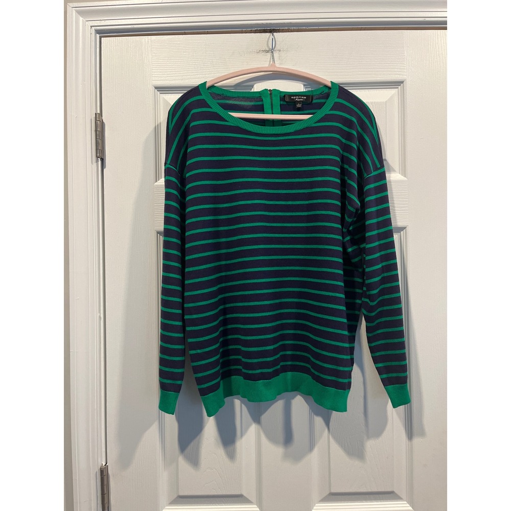 Spense Knits Womens Navy Green Striped Long Sleeve Sweater Back Zip Size L